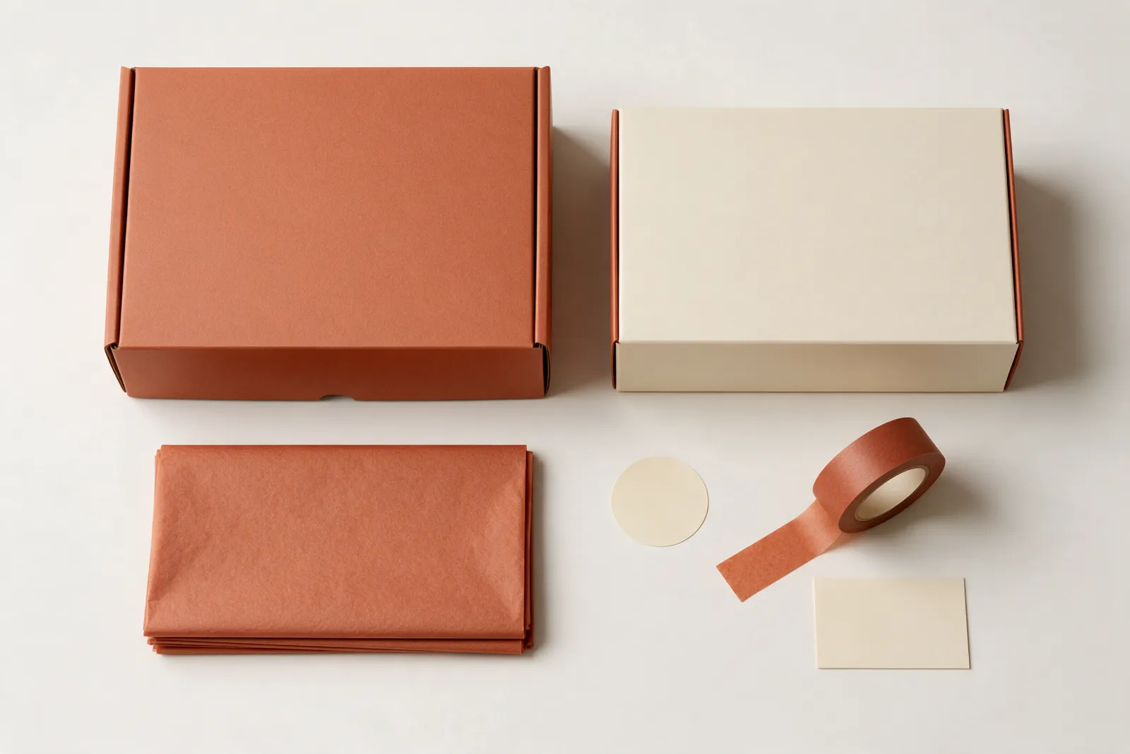 Coordinated branded packaging set: mailer box, product box, tissue, sticker seal and paper tape