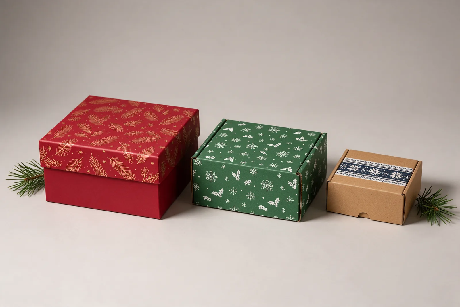 Christmas gift packaging set: red rigid box, green mailer box and kraft box
