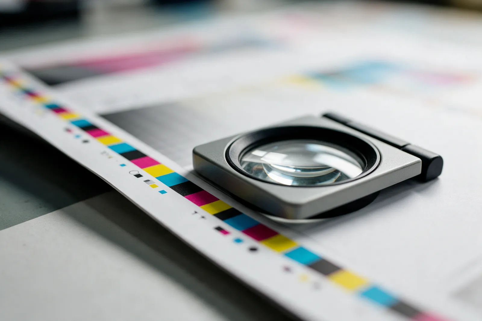 CMYK color bars and registration marks on a printed press sheet with a printer's loupe