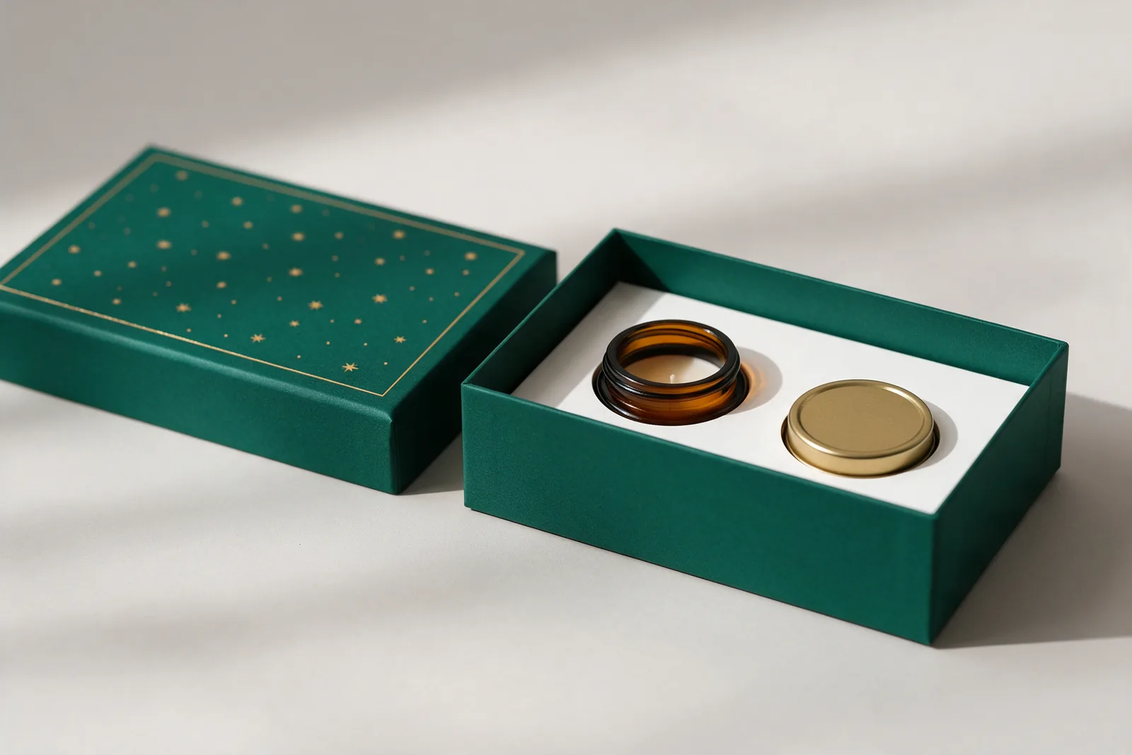 Green two-piece rigid corporate gift box with card insert holding a candle and tin