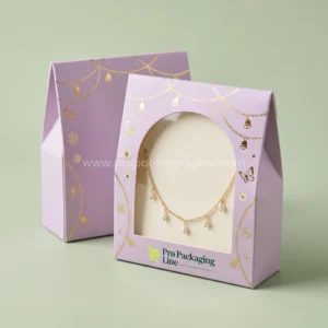Custom anklet boxes - lavender gable boxes with arched window and gold anklet and butterfly print by Pro Packaging Line