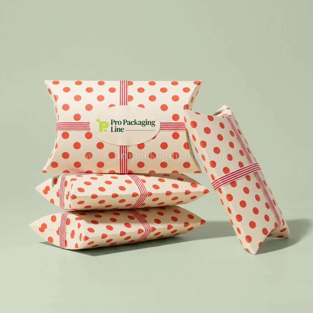 Cream polka-dot apparel pillow boxes with striped ribbon, Pro Packaging Line logo