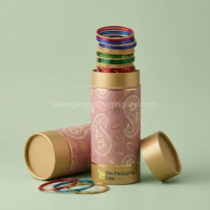Custom bangle boxes - dusty rose paper tube packaging with gold paisley print holding stacked bangles by Pro Packaging Line
