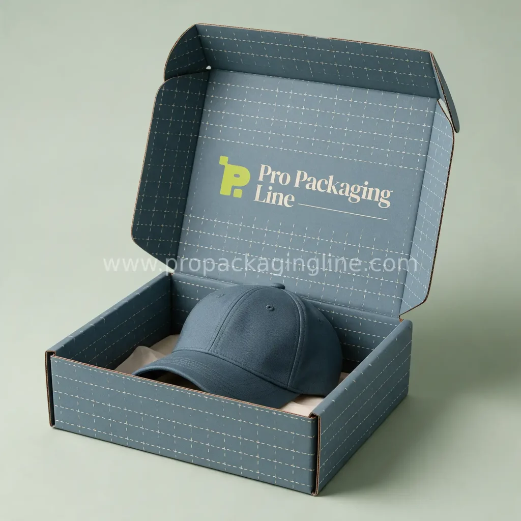 Slate blue cap mailer box with baseball cap inside