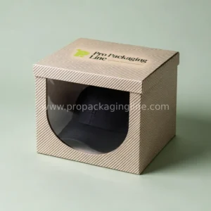 Sand striped cap box with front window showing cap