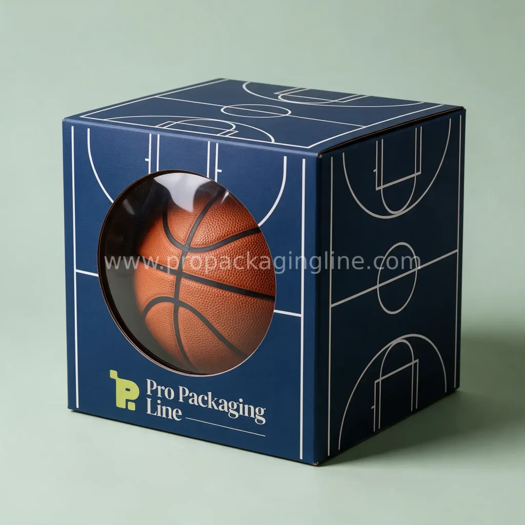 Custom basketball box with round PVC window and court line design
