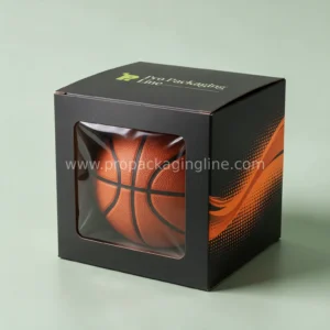 Custom black basketball box with square PVC window and orange graphic