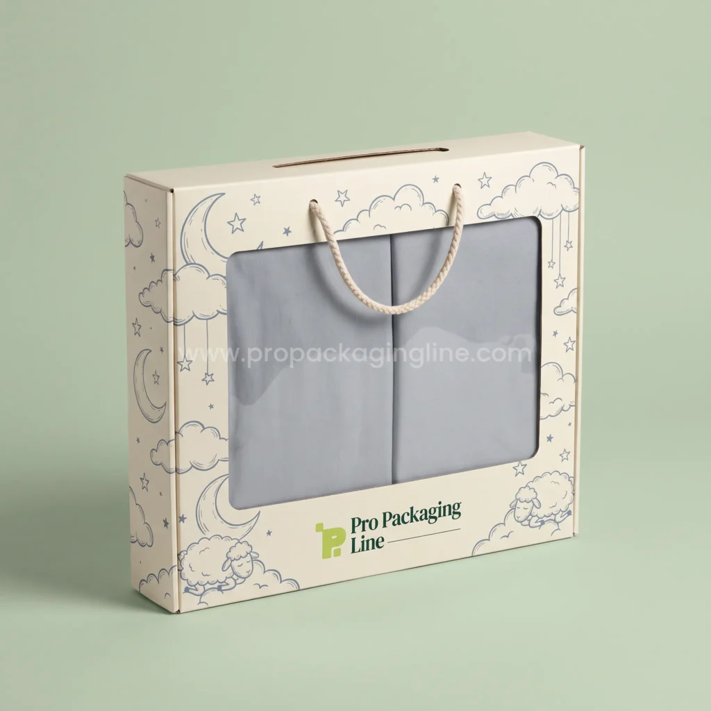 Custom bed sheet box: cream flat window box with cotton rope handle and moon, cloud and sheep artwork, Pro Packaging Line logo