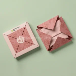 Custom bed sheet box: blush envelope-style folding pillowcase boxes with peony and feather artwork and seal sticker, Pro Packaging Line logo