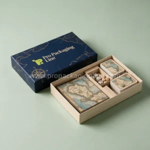 Navy rigid board game box with tray insert and game pieces