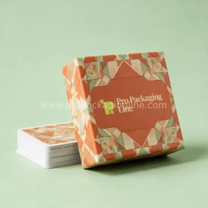 Terracotta square board game box with geometric print