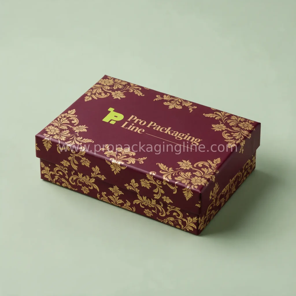 Custom bonbon box, burgundy rigid chocolate box with gold damask pattern
