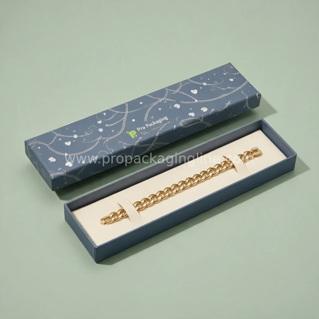 Custom bracelet boxes - slate blue long two-piece cardstock bracelet box with cream slit insert and silver chain print by Pro Packaging Line