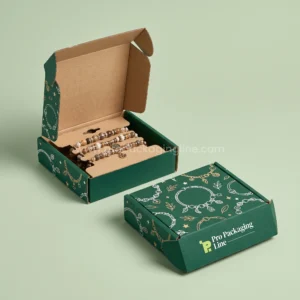 Custom bracelet boxes - emerald printed kraft mailer boxes with bracelet insert and charm line art by Pro Packaging Line