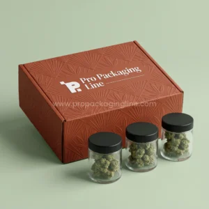 Custom burnt copper corrugated mailer box for cannabis flower delivery with three glass flower jars