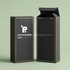Custom matte black child-resistant folding carton boxes with gold border and lock tab for cannabis flower