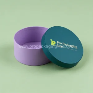 Custom round two-piece chipboard box in lavender and teal