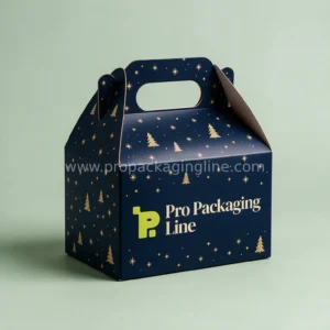 Navy Christmas gable treat box with gold star and tree print