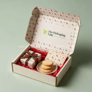 Cream Christmas mailer box with reindeer print and gifts inside