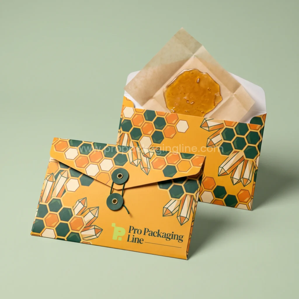 Custom honey amber shatter envelopes with honeycomb and crystal print and string-and-button closure