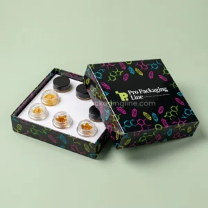 Custom black four-corner tray and lid concentrate sampler box with neon terpene print holding six jars
