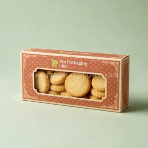Terracotta tuck-end cookie box with long window showing butter cookies