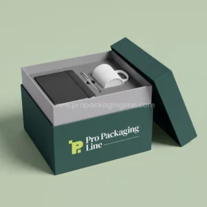 Custom dark teal shoulder-neck corporate gift box with notebook, pen and mug by Pro Packaging Line