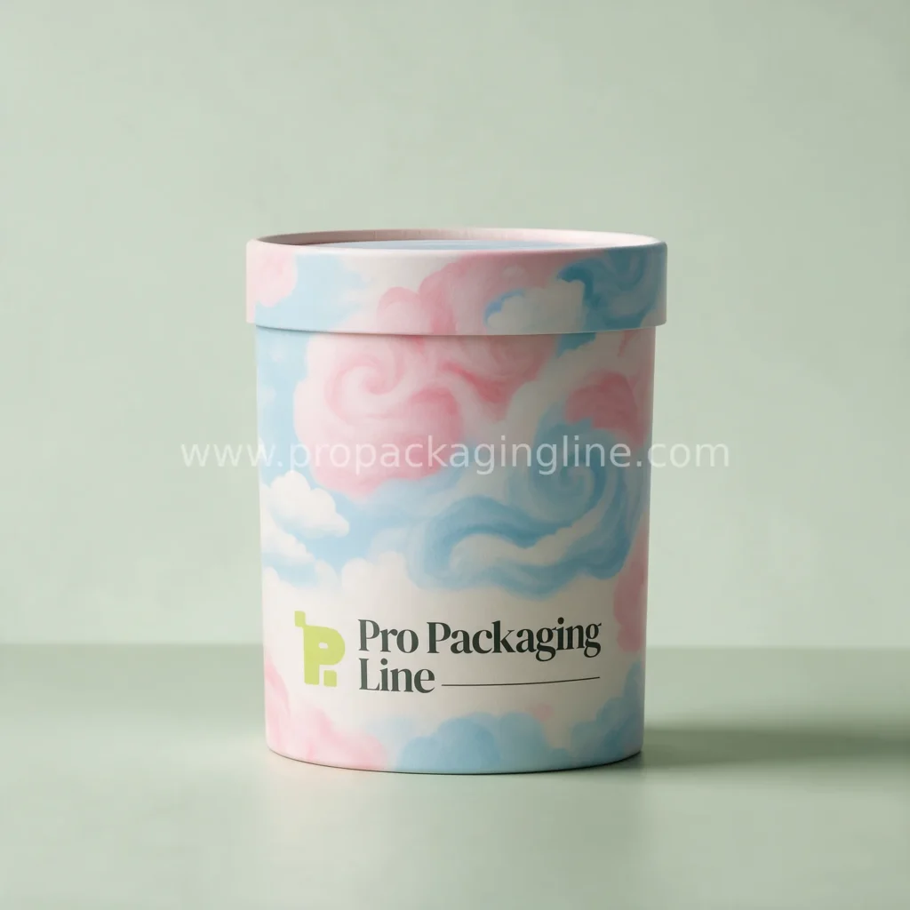 Custom cotton candy tub carton in pastel pink and blue with cloud artwork by Pro Packaging Line