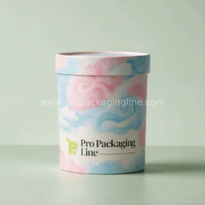Custom cotton candy tub carton in pastel pink and blue with cloud artwork by Pro Packaging Line