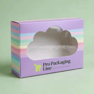 Custom cotton candy box with cloud-shaped window and pastel rainbow stripes