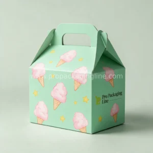 Custom cotton candy gable box with handle in mint green with cone and star pattern