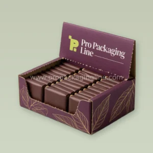 Custom plum tear-away shipper counter display with gold cacao leaf print holding chocolate bars by Pro Packaging Line