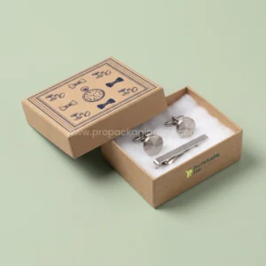 Custom cufflink boxes - kraft two-piece cufflink box with cotton fill and navy vintage menswear print by Pro Packaging Line