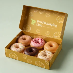 Mustard half dozen donut box with open lid and logo inside