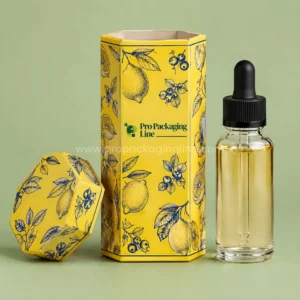 Custom saffron yellow octagonal e-liquid box with navy fruit line art beside a 60ml dropper bottle
