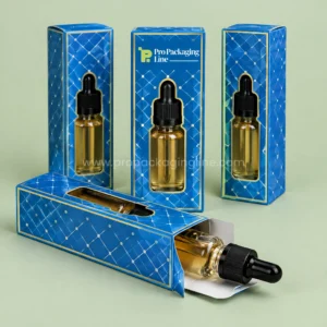 Custom ocean blue e-liquid bottle boxes with bottle-shaped window, white lattice and gold border