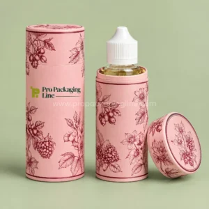 Custom blush pink paper tube e-liquid packaging with burgundy botanical line art and a 100ml bottle