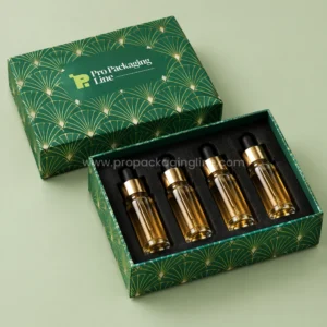 Custom jade green rigid lid-off e-liquid collection box with gold art-deco pattern holding four bottles