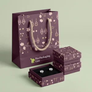 Custom earring boxes - plum printed two-piece earring boxes with matching rope-handle paper bag by Pro Packaging Line