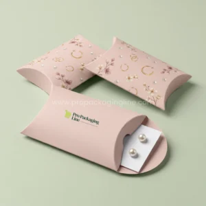 Custom earring boxes - blush printed pillow boxes with gold hoop and blossom pattern holding pearl studs by Pro Packaging Line