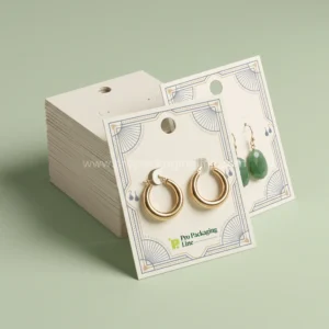 Custom earring boxes - cream earring display backer cards with slate blue art deco print holding gold hoops by Pro Packaging Line