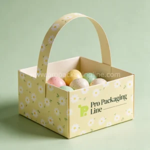 Custom Easter basket box with arched handle holding chocolate eggs