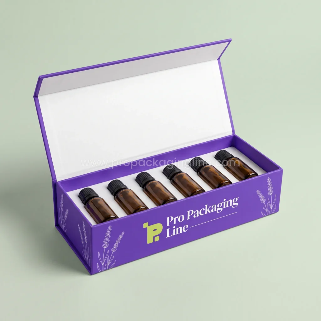 Custom violet rigid hinged lid essential oil gift box with insert holding six amber oil bottles