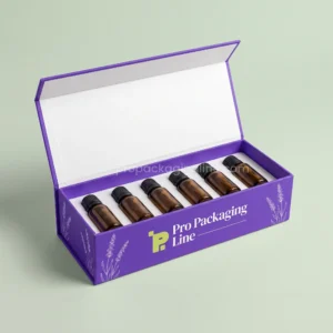 Custom violet rigid hinged lid essential oil gift box with insert holding six amber oil bottles