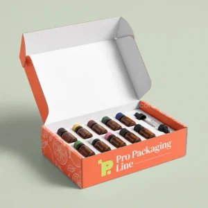 Custom coral orange essential oil mailer box with die-cut insert holding twelve oil bottles and droppers