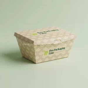 Custom printed cream tapered clamshell fish and chips box with fish-scale pattern and logo