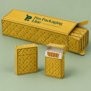 Custom mustard gold cigarette carton holding ten flip top packs with black diamond line pattern