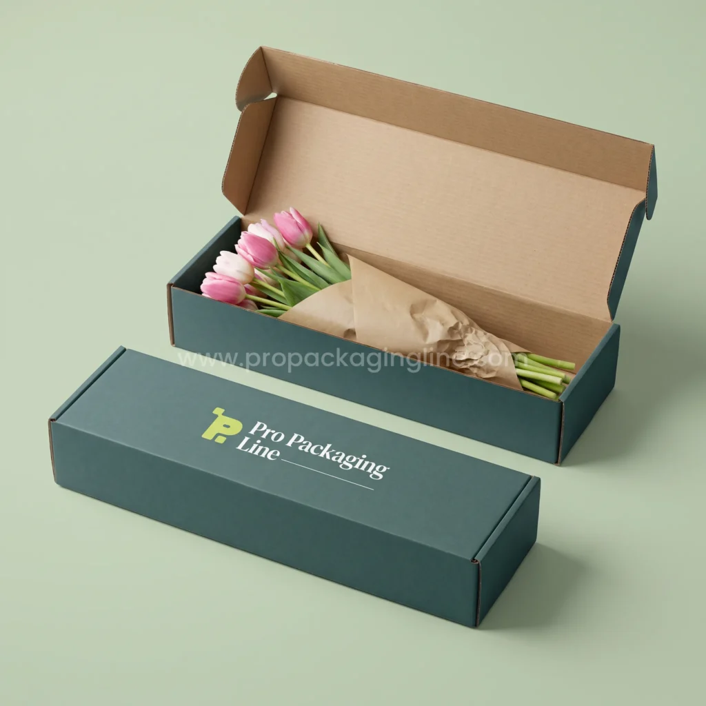Custom long teal flower shipping mailer boxes with tulip bouquet in kraft paper by Pro Packaging Line