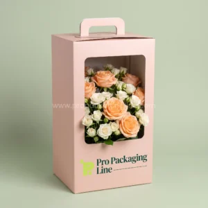Custom blush pink flower display box with window and carry handle holding peach roses by Pro Packaging Line