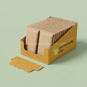 Custom mustard yellow shelf-ready display tray with tear-away front holding granola bars